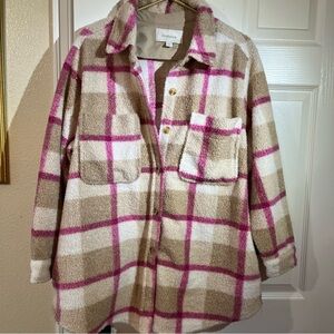 Ecothreads Pink, Tan & Cream Plaid Button Up Teddy or Fleece Jacket 1X
